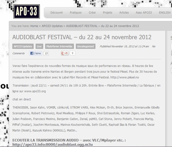 NANTES : LA FABRIQUE/ APO33. DU 22 au 24 NOVEMBRE 2012