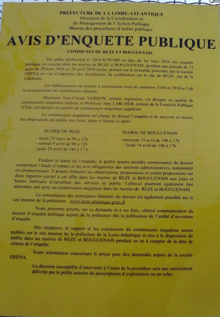 Avis d'enquête publique su 29 mars au 28 avril 2016 REZE et BOUGUENAIS.